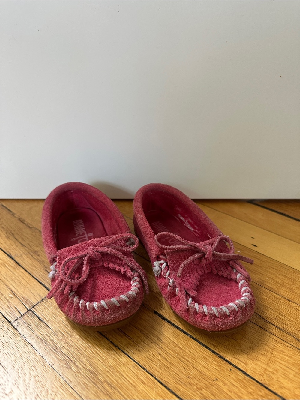 Minnetonka Pink Suede Kids Moccasin with Bow